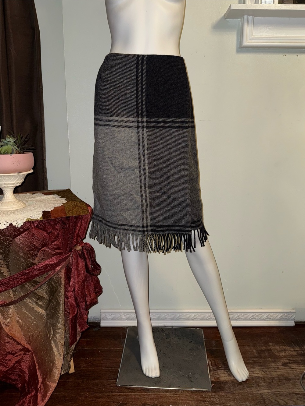 Worth Gray Plaid Fringe Pencil Skirt
